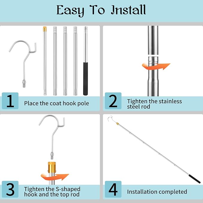Clothes Hook Pole, Adjustable from 28 inches to 74 inches, Sponge Handle,Pick up Clothes from high Places,Closet Coat Rack Hook Rod, Used for Blinds Closets Ceilings, Strong Yet Lightweight.