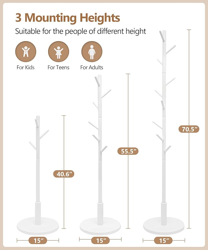 Standing Coat Rack,Wooden Coat Rack Stand with 9 Hooks and 3 Height Adjustable,Beech Wood Tree Coat for Bedroom,Office,Entryway (White)