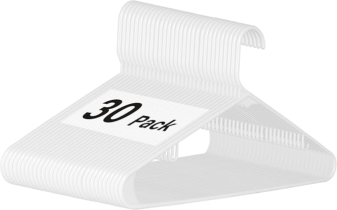 Simple Deluxe 30 Pack Plastic Hangers, Space Saving Clothes Hangers with Non-Slip Shoulder Notches, Slim Standard Hangers for Coats, Sweater, Shirts, Pants, White