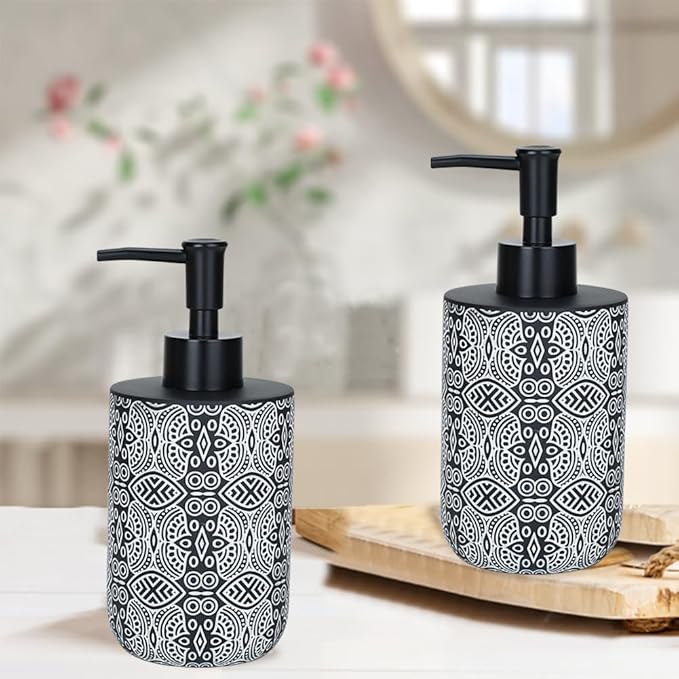 2pcs Hand Soap Dispenser Set, Boho Carving Resin Liquid Soap Dispensers for Bathroom Countertop, Heavy & Sturdy Dish Wash Soap Dispenser for Kitchen, Black
