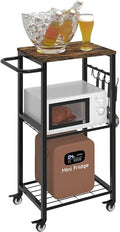Kitchen Microwave Stand Cart with Storage Rack | 3-Tier Rolling Kitchen Side Table on Wheels with 8 Hooks, Utility Small Coffee Shelf Organizer for Living Room, Bedroom, Bathroom, Office, Black