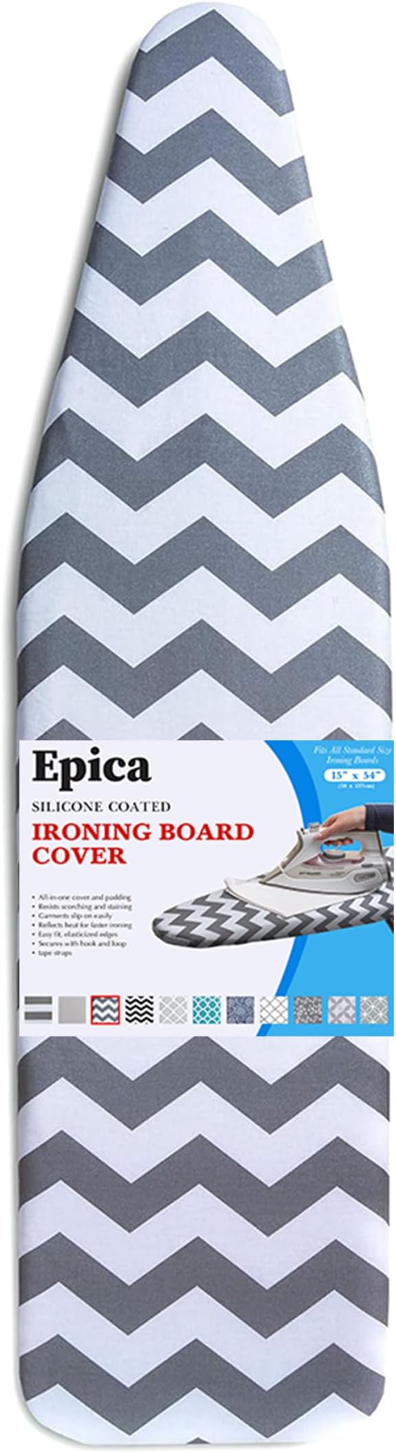Epica Ironing Board Cover and Pad - Standard Size 15x54 Padded Ironing Board Covers, Heat Reflective Coating, Thick Pads, Scorch & Stain Resistant Iron Board Cover with Padding Grey Chevron