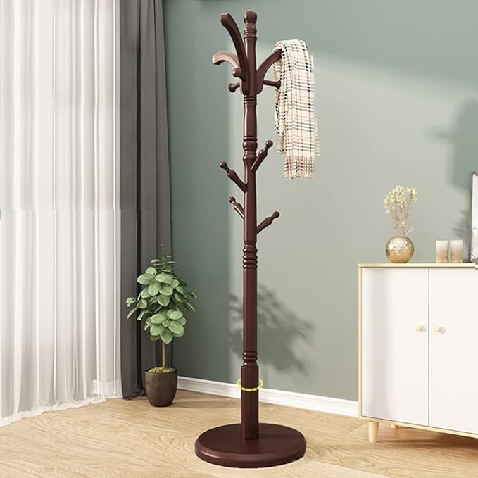 Wooden Tree Coat Rack Stand, 10 Hooks, 3 Adjustable Sizes Free Standing Coat Rack, Hallway/Entryway Coat Hanger Stand for Clothes, Suits, Accessories, Easy Assembly (Color : Brown, Size : B)