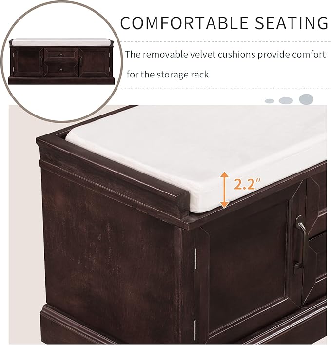 Knocbel 42.5" Entry Storage Bench with Removable Cushion, 2 Drawers and 2 Cabinets, Entryway Hallway Foyer Shoe Bench End of Bed Bench with Aluminum Handles, 200lbs Weight Capacity (Espresso)