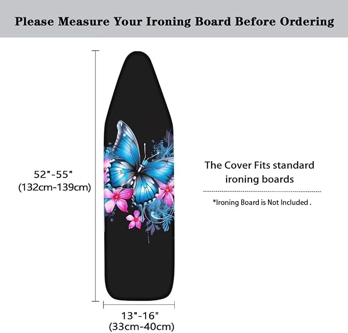 Blue Floral Butterfly Ironing Board Cover Scorch Resistant, Extra Thick Covers with Elastic Edge, Cord Lock, Hook and Loop Fasteners, Iron Board Cover for Standard Boards