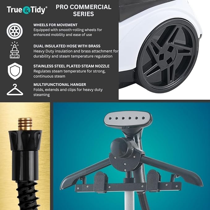 True & Tidy® Commercial Standing Clothes Steamer, Heavy Duty with 90+ mins of Steam Time, For Home and Commercial Use, 1800 watts of Powerful Steam, Wheels for Easy Movement, 3 Steam Settings (White) (Renewed)