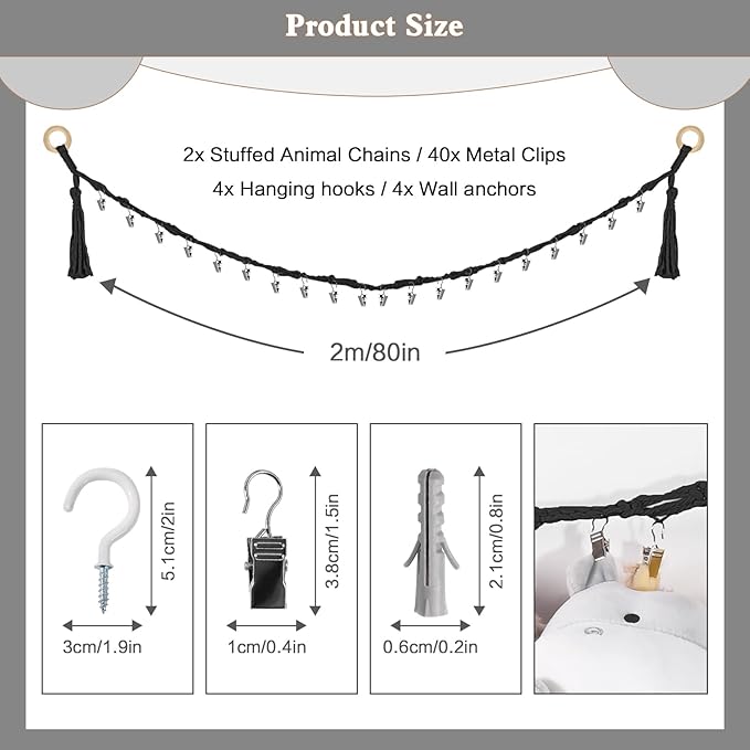 80" 2-Pack Cotton Hanging Storage Chain For Stuffed Animals Storage with 20 Metal Clips, Stuffed Animal Organizer Chain for Wall Corner Nursery Play Room, Black