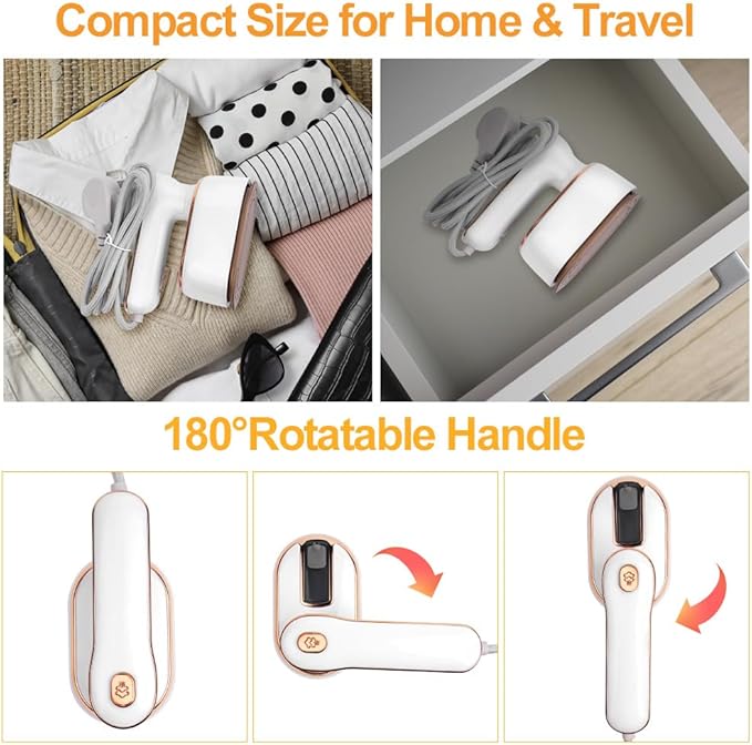 AUAUY Mini Steam Iron, 1000W Portable Handheld Travel Steam Iron, 180° Rotating Handle Converts Iron into Handheld Steamer, 15s Fast Heat Up, 2-in-1 Foldable Steamer Iron for Home and Travel