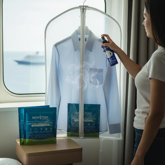 Electricity-Free Portable Travel Steamer For Clothes, Cruise & TSA Compliant, Kit including 3 Wrinkle Release Pods, Wrinkle Release Spray & Garment Bag, Mini Steamer, Eco-Friendly