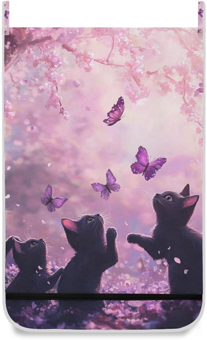 Hanging Laundry Hamper with Stainless Steel Hooks,Oxford Fabric Printing Door Laundry Clothes Bag, 29.5X20inch 2PCS Cherry Blossom Black Cats and Butterfly