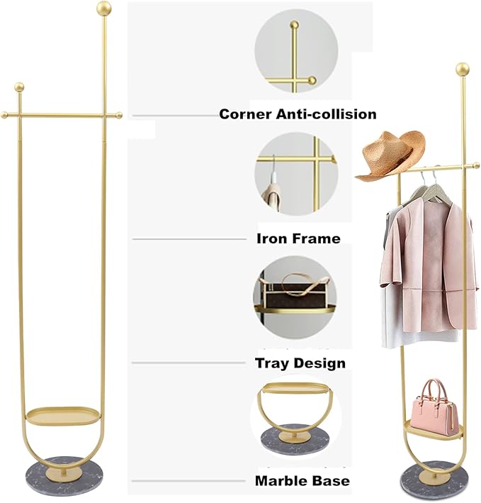 DYRABREST Modern Garment Rack With Clapboard and Clothing Rack With Marble Base Gold Clothing Coat Rack Freestanding for Home Bedroom(Gold Black)