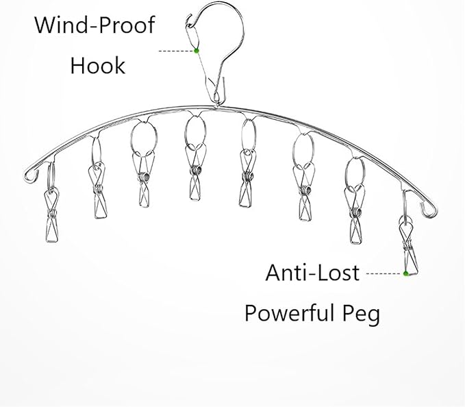 2Pcs Clothes Drying Hanger with 16 Clips, Stainless Steel Sock Air Drying Rack, Windproof Anti-Lost for All Small Laudry Item and Herbs