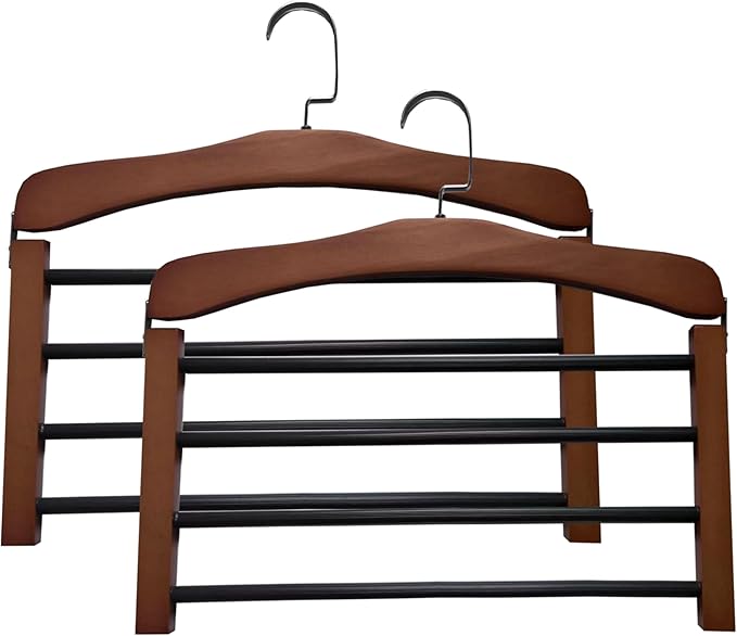 Wooden Pant Hanger Space Saving - 4 Tier Closet Storage Hanger Organizer for Jeans Legging Scarves Pants Towels, 2 Packs, Brown