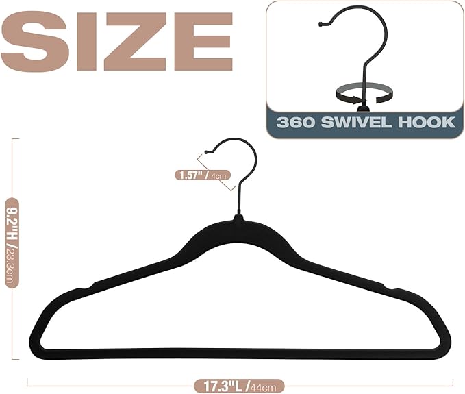 50 Pack Black Velvet Hangers,Coat Hanger Non Slip,Heavy-Duty,Space Saving,Slim Clothes Hangers for Pants,Outfit,Skirts,Suits,Coats,Dresses ect.Felt Hanger with Black 360°Swivel Hook