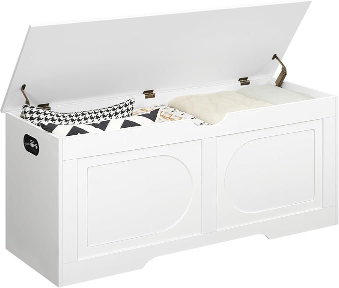 Storage Chest, 43.3” Toy Box, Entryway Storage Trunk, Shoe Bench with Storage, Engineered Wood Storage Cabinet with 2 Safety Hinges, Entrance Bench for Living Room, White SCWT2101