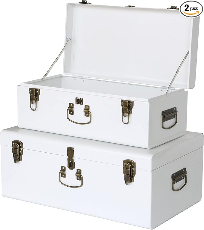 Vixdonos Decorative Metal Box Storage Trunks Set of 2 College Dorm Chest with Handle (White with Bronze Latches)