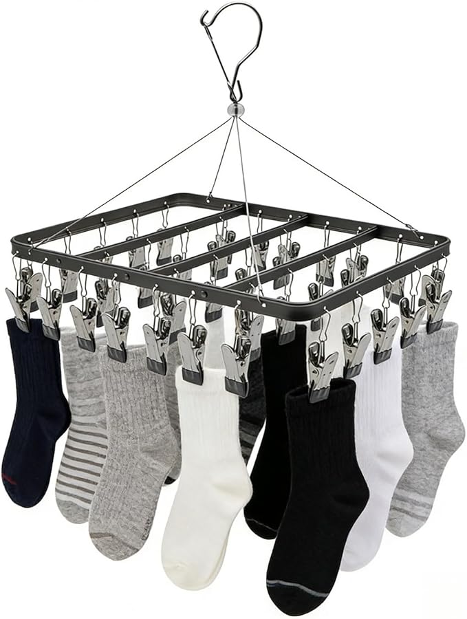 Clothes Drying Racks Clip Hangers Metal with 36 Clips Windproof Hook Underwear Hanger Foldable Laundry Clip for Socks Bras Black