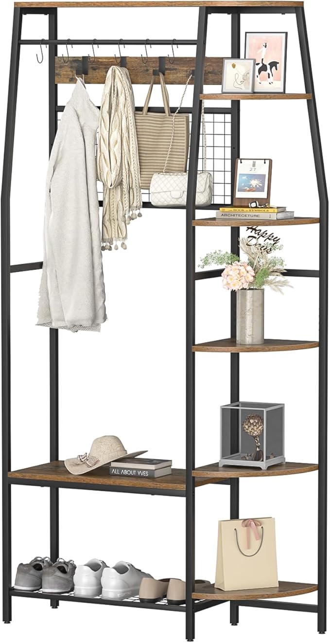 Giluta Coat Rack, 70" Hall Tree with Bench and Shoe Storage, Freestanding Entryway Coat Storage Rack with Hooks and Wooden Storage Shelves for Entryway, Living Room, Bedroom