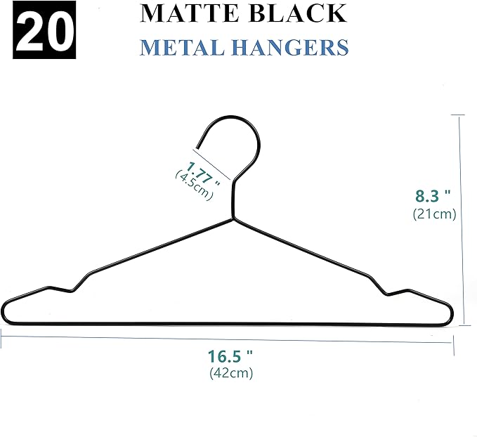 16.5" Heavy Duty Matte Black Metal Hangers 20 Pack, Wire Black Clothes Hangers for Coat Suit, Shirts, Dress, Pants，Camisole Wedding Dress (Black, 20Pack)