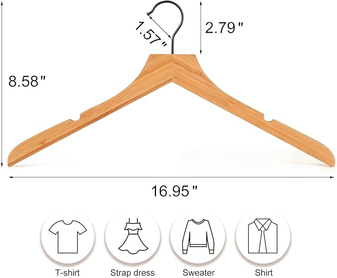 TOPIA HANGER Bamboo Wooden Hangers, Clothes Hangers with Rotatable Black Hook and Smooth Cut Nothces, Set of 20 Durable and Slim Wood Hangers for Coats, Suits, Jackets, Sweaters, Dresses - CTS08