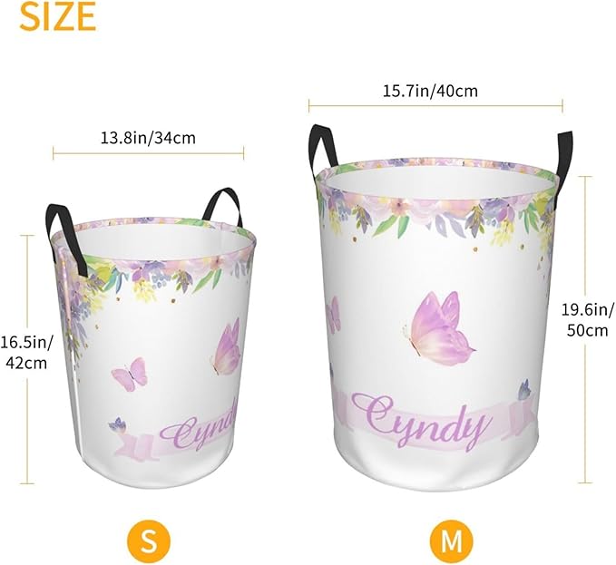 Personalized Laundry Basket for Nursery, Custom Nursery Laundry Hamper with Name, Customize Baby Clothes Circular Hamper for Boys Girls Room Decor, Butterfly Floral