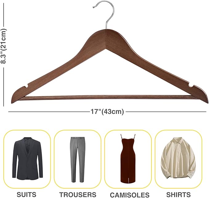 Wooden Hangers - 60 Pack - Clothes Hanger for Daily Used,Heavy Duty Wood Hangers with Precisely Cut Notches,Coat Hanger for Closet, Clothes Hangers for Shirt Suit Dres（Walunt）