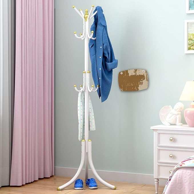 Free-Standing Coat Rack Metal Stand Hanger 12-Hooks Organizer, Hall Tree Entry-Way Furniture for Hanging Up Jacket, Hand-Bag, Cloth, Hat, Winter Scarf Holder for Home or Office Floor White