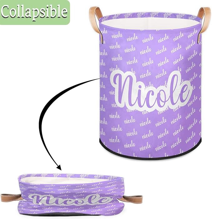 Custom Name Purple Laundry-Hamper, Personalized Kids-Clothes-Hamper Foldable with Name, Customized Storage Basket with Handles Waterproof Gift for Boys Girls Baby Women