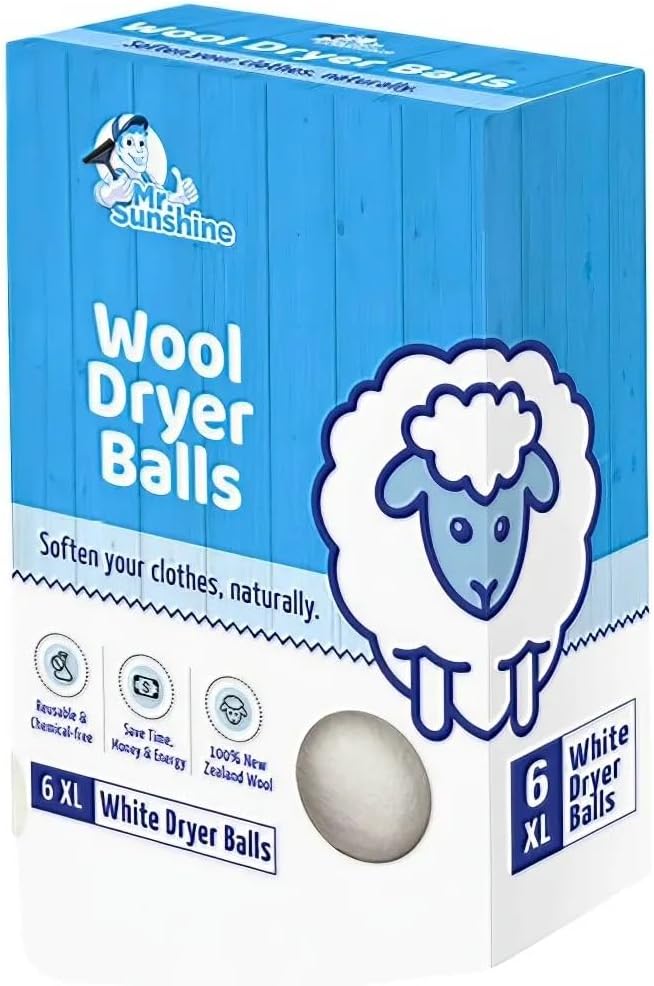 Mr. Sunshine White Wool Dryer Balls, Extra Large (Pack of 6) - Chemical-Free, Natural Clothes Softening Solution