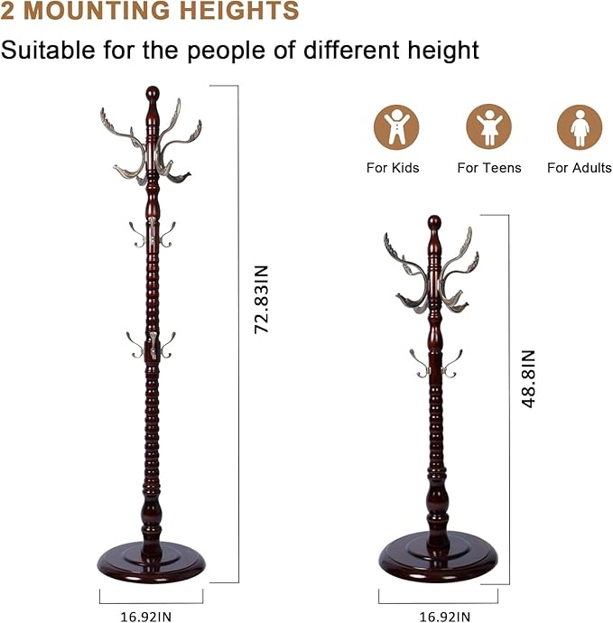 Solid Wood Coat Rack, Free Standing Hall Coat Tree with 14 Hooks, 3 Height Options, 300lbs Load, Stury Base, Clothes Rack for Entryway, Hallway, Bedroom (Disc Base - Metal Phoenix Hook)