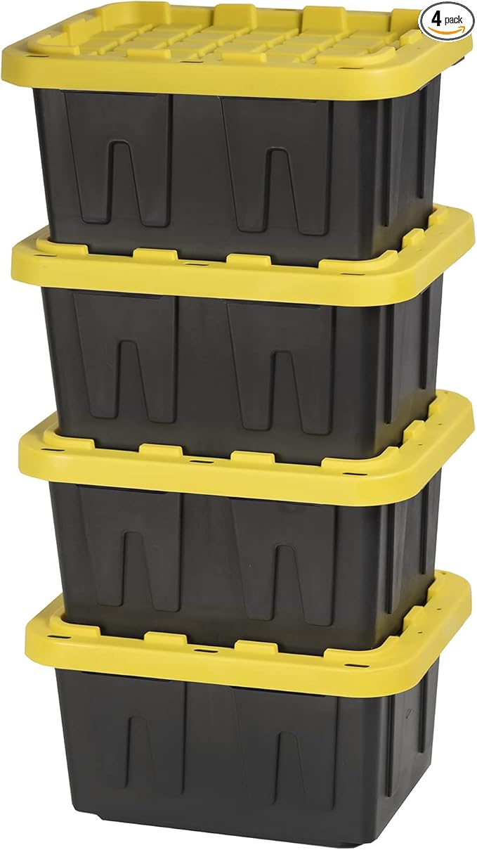 BLACK & YELLOW 5-Gallon Heavy Duty Storage Bins with Lids, Stackable Plastic Storage Bins with Weather-Resistant Design, Home Organization, 4-Pack