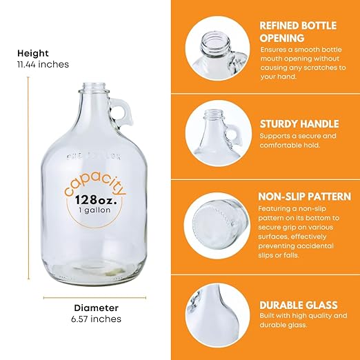 Fastrack 4-Pack 1 Gallon Glass Jug Set (128 oz) w/ White Metal Caps | Multipurpose 1 Gallon Jug, & Detergent Dispenser for Laundry, Glass Jar for Liquids, Water & Juice