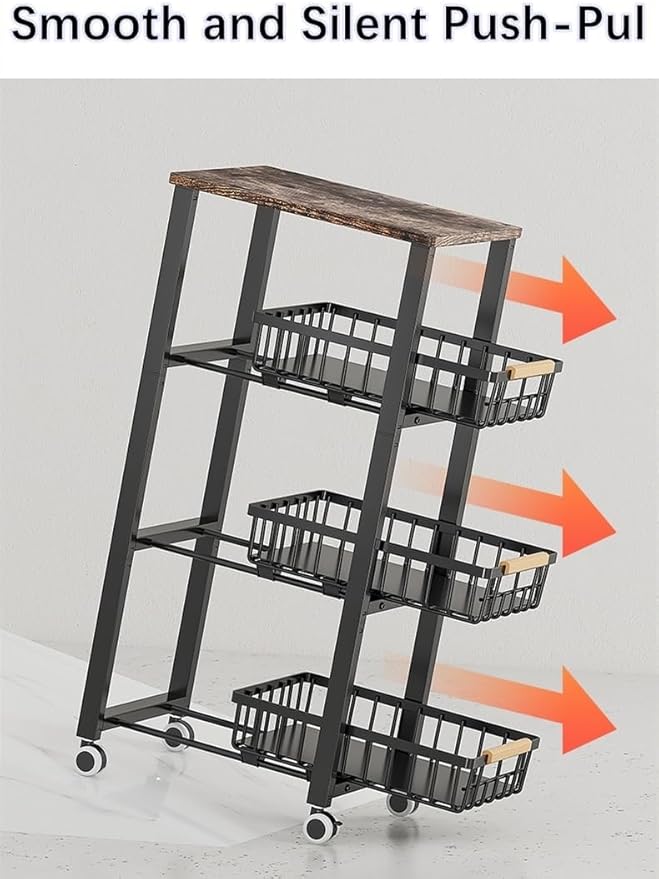 Metal Wire Baskets with Wheels, Stackable Storage Bins Kitchen Organizer Shelf, Multi Layer Fruit Vegetable Cart Dishes Seasonal Rack Freestanding with Pull Out Slide Drawer