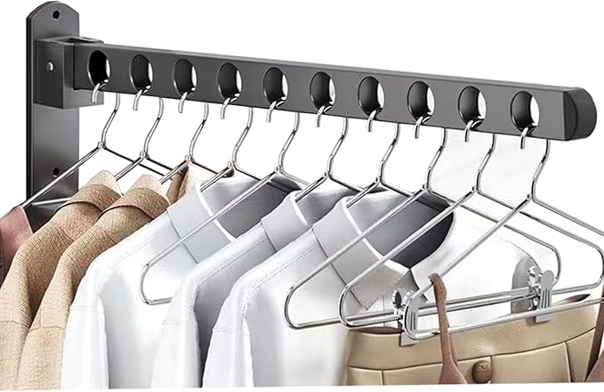 2 Pack Stainless Steel Clothes Hangers Drying Racks, Wall Mount Folding Garment Racks, Matte Black Coat Hanger Racks, Space Saver Clothing Closet Racks Storage Organizer for Laundry Bedroom Bathroom