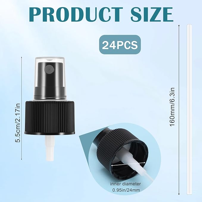 24 Pack Spray Bottle Top, Spray Bottle Nozzle Replacement, 24/410 Fine Mist Spray Caps with 5.9" Dip Tube, Plastic Sprayer Pump for Toners and Essential Oil Bottles, Home, Kitchen Black