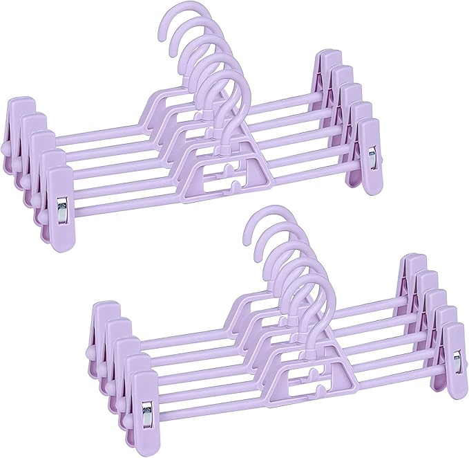 Plastic Pant Hangers with Clips, 10 Pcs Pants Hangers with 360°Rotating & Adjustable Clips, Stackable Clothes Hanger for Skirt, Closet Organizer and Storage | Space Saving (Purple)