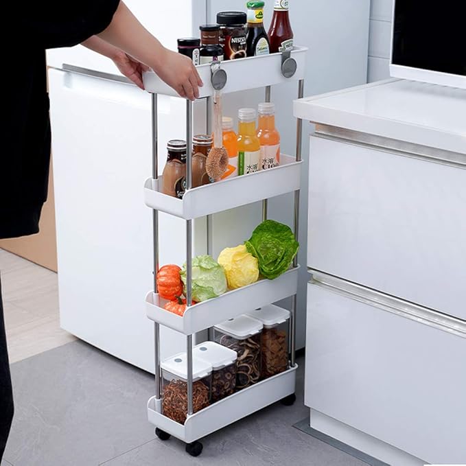 Melody House 4-Tier Slim Mobile Shelving Unit on Wheels, Slide Out Rolling Bathroom Storage Organizer, Utility Carts Shelf Rack for Kitchen Bathroom Laundry Room Narrow Places, White