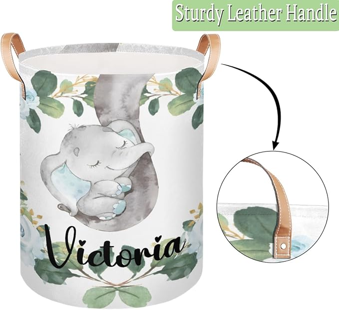 Personalized Laundry Basket, Custom Gift Laundry Hamper, Collapsible Nursery Waterproof Laundry Baskets, Dirty Clothes Toy Hamper with Handles Blue Floral Elephant