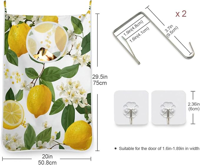Lemon Branch Flower Hanging Laundry Hamper Door Hampers Bag Basket with Stainless Steel Hooks Oxford Fabric Printing Decorative Clothes Bags 29.5X20inch 1Pack