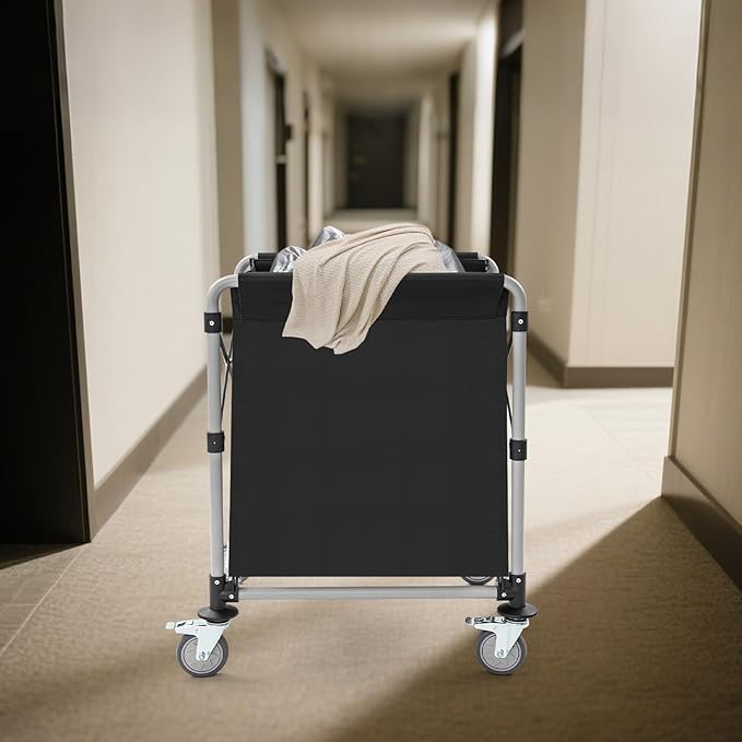 Commercial Laundry Cart, Laundry Basket with 360° Swivel Casters, Folding Laundry Cart Hamper on Wheels Heavy Duty Steel Frame 220 lbs Capacity Large Rolling Laundry Baskets Trucks (Black)