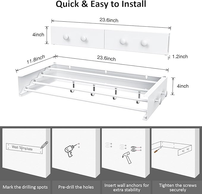 Drying Rack Clothing,Clothes Drying Rack Wall Mounted,Laundry Drying Rack Wall Mount,Foldable,Collapsible,60 lb Capacity 5 Aluminium Poles with 6 Hooks (White, 23.6'')