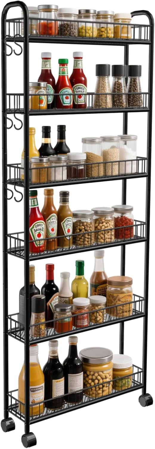6in 6 Tier Slim Storage Cart with Wheels, Black Narrow Space Rolling Shelving Unit with Handle, Metal Wire Mobile Organizer Rack for Kitchen Bathroom Office Laundry