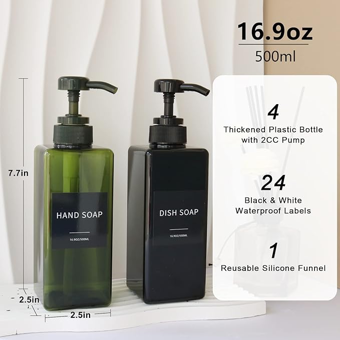 Soap Dispenser with Waterproof Labels, Thickened Plastic Hand Soap Dispenser for Bathroom, Kitchen Dish Washing Liquid Bottles, Shampoo and Conditioner Bottles with Funnel (16oz 4Pack Black Amber)