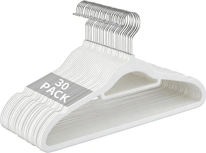 30 Pack Slim Non-Slip Velvet Hangers, Heavy Duty Space Saving Felt Coat Hangers with 360° Rotating Silver Hook (White)