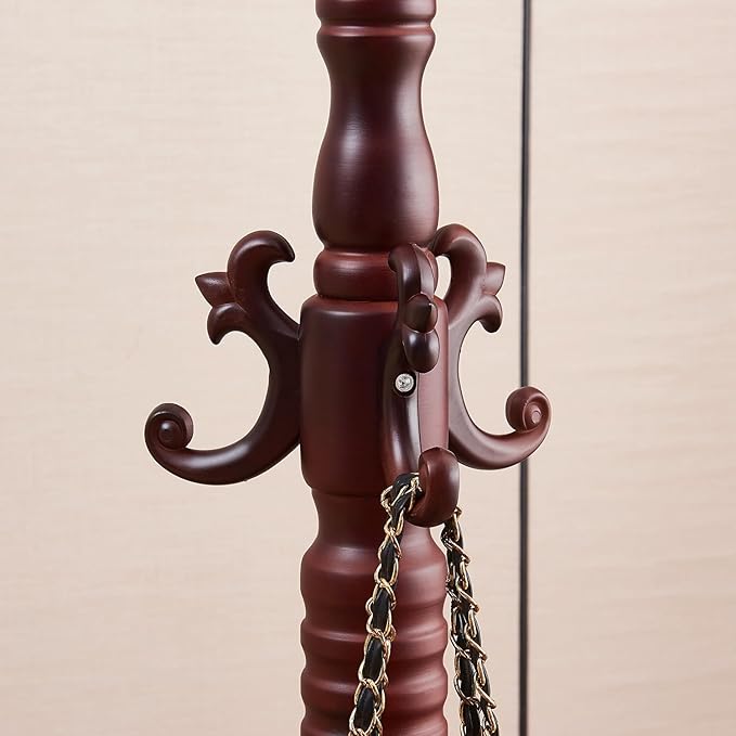 Wood Coat Rack Stand Wooden Coat Rack Freestanding Hall Coat Tree with Sturdy Round Base and 14 Hooks for Hats Bags Purses Vintage Coat Tree Hanger Stand for Entryway Hallway Bedroom, Brown