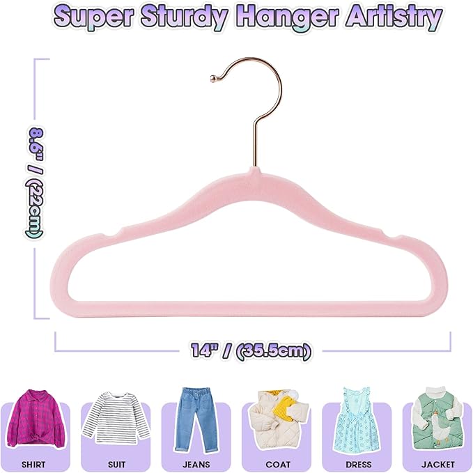 Kids Hangers Velvet 50 Pack-14 Inch,Kids Hanger for Clothes,Baby Clothes Hanger Non Slip,Sturdy Infant/Toddler Hangers Pink Hanger