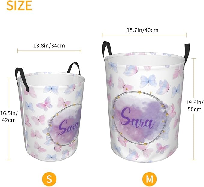Personalized Laundry Basket for Nursery, Custom Nursery Laundry Hamper with Name, Customize Baby Clothes Circular Hamper for Boys Girls Room Decor, Colorful Butterfly
