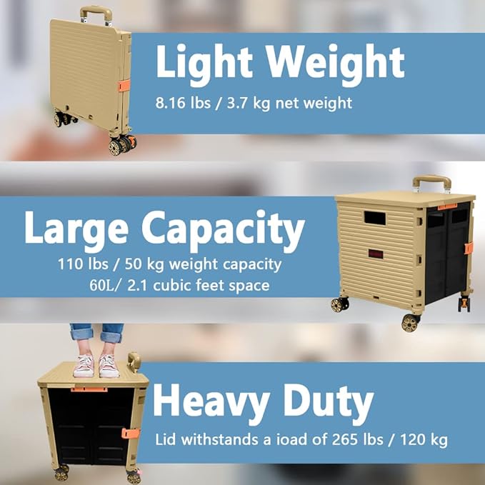 FELICON SELORSS Foldable Utility Cart Folding Portable Rolling Crate Handcart with Durable Heavy Duty Plastic Telescoping Handle Collapsible 4 Rotate Wheels for Travel Shop Move Luggage Office(Khaki
