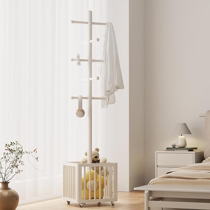 Solid Wood Coat Rack,standing coat rack with 10 Hook,Coat Rack for Freestanding,Bedroom,Living Room,Office,Hang Jackets,Bags,Clothes,Headphones(White)