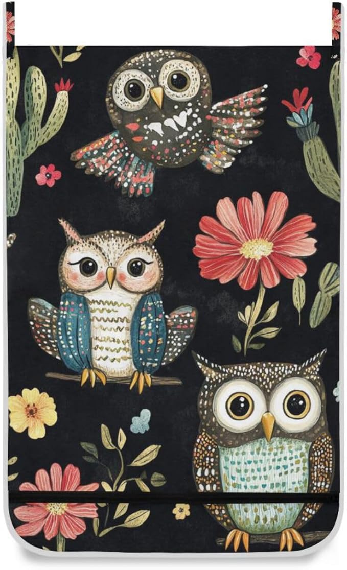 Black Owls Cactus Butterfly Hanging Laundry Hamper Door Hampers Bag Basket with Stainless Steel Hooks Oxford Fabric Printing Decorative Clothes Bags 29.5X20inch 1Pack